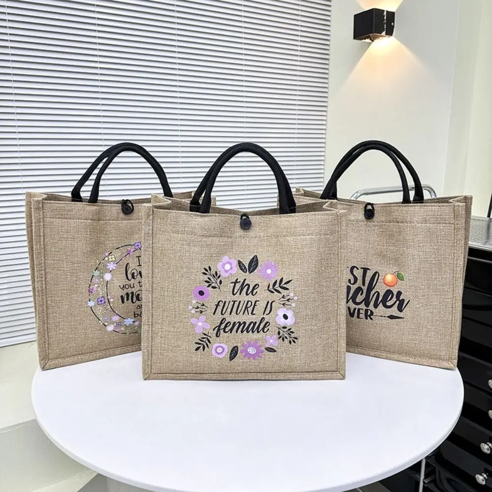 Letter Print Linen Tote Bag Portable Large Capacity Reusable Lunch Bag Top Handle Shopping Bag