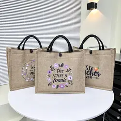 Bolso de mano de lino con estampado de letras, bolsa de almuerzo portátil de gran capacidad, reutilizable, Asa superior, bolsa de compras