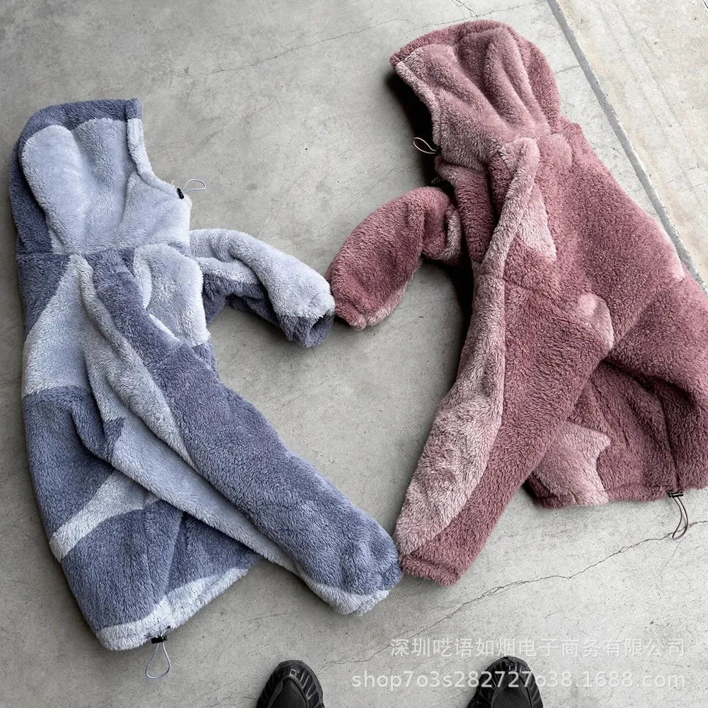 Fashionable And Trend Multifunctional Patchwork Color-blocking Loose Plush Zip-up Hooded. Jacket For But And Wobut Y2k、 Sexy
