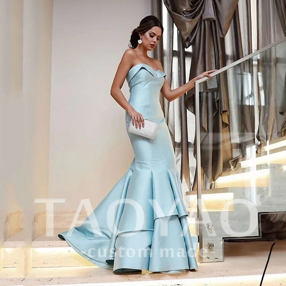 Sky Blue Satin Mermaid Evening Dresses Tiered Off Shoulder Formal Prom Dresses Elegant Wedding Party Guest Gowns Customized