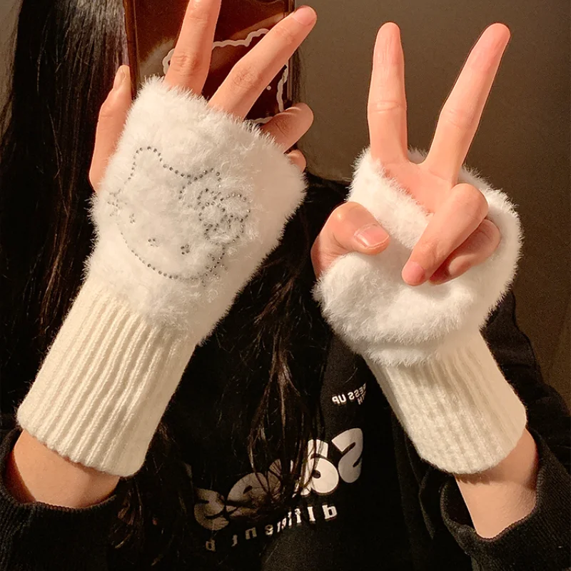 신모델 산리오 귀여운 보온 니트 울 반손가락 장갑 소녀 헬로키티 겨울 플러시 니트 손목 보호대 사무실 학생용