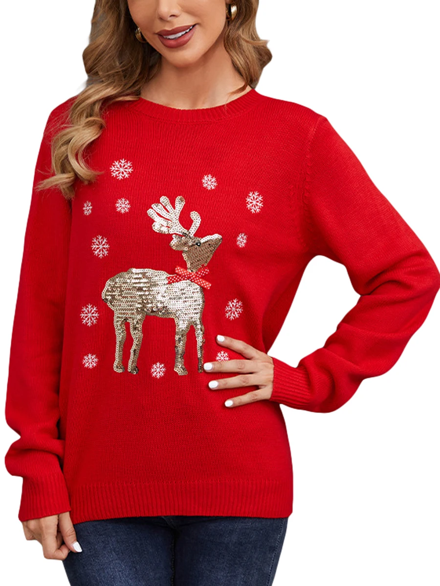 Women Christmas Loose Knit Sweater Sequins Elk Long Sleeve Pullovers Spring Fall Crew Neck Jumpers Streetwear