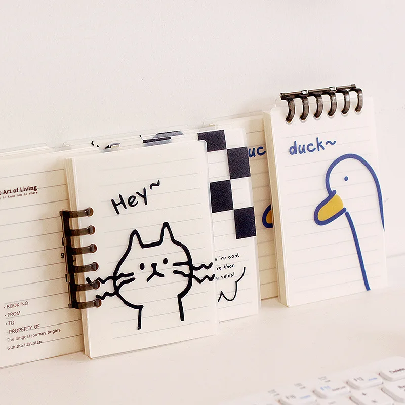 

Mini Pocket Notebooks Cute Cat Kawaii Good Luck Duck Black and White Grid 6 Hole Loose-leaf Binder Notebook