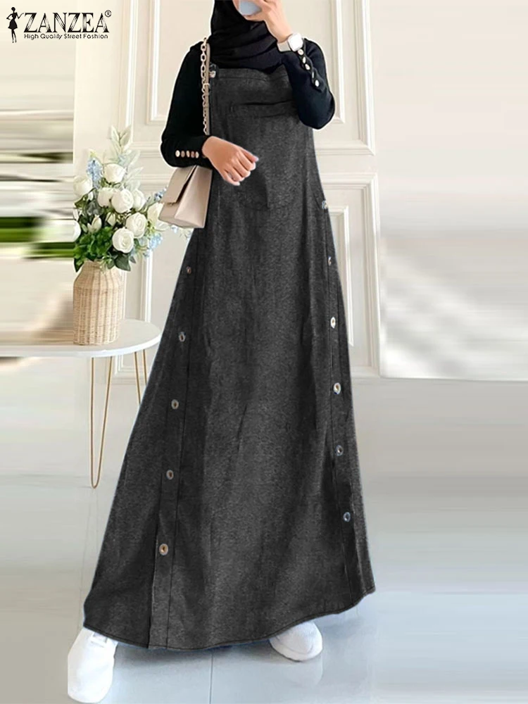 ZANZEA Loose Casual Suspender Abaya Robes Women Autumn 2024 Islamic Solid Long Dresses Denim Blue Muslim Hijab Maxi Vestidos