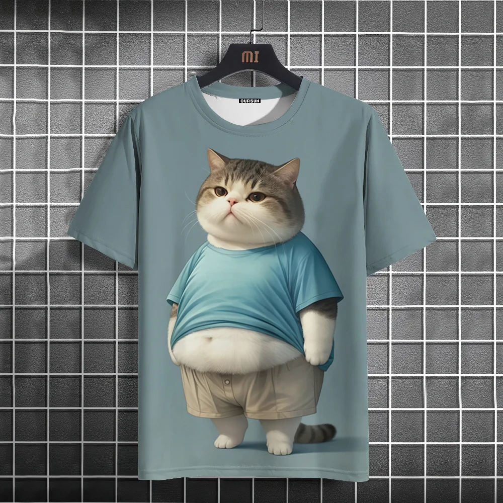 

Funny Men's T-Shirt Animal Fat Cat Printed T-Shirts Casual Loose Short Sleeved Tee Oversized Men Clothing Tops Summer Streetwear