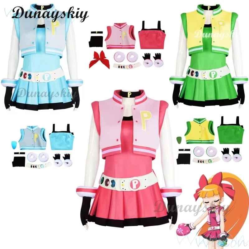 Powerpuff Girls Cosplay Girls Costume Dress Set Blossom Buttercup Bubbles Costume Dress With Belt Set Halloween Fancy Dress