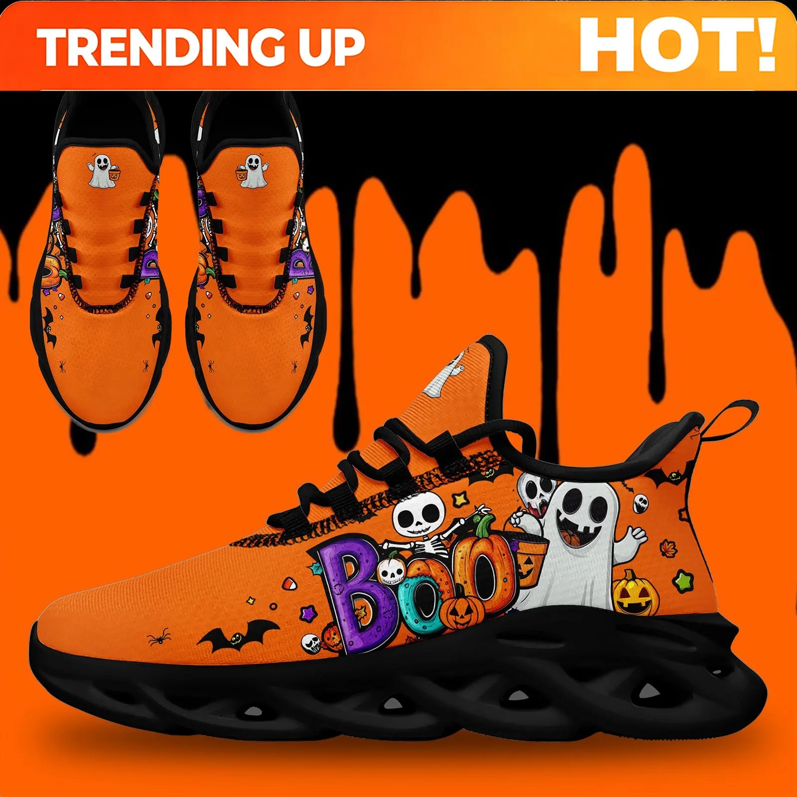 Custom Men'S Halloween Sneakers With Cute Ghost Charm, Orange Boo Skeleton Pumpkin Bat Graphic, Trick Or Treat Casual Skate Shoe