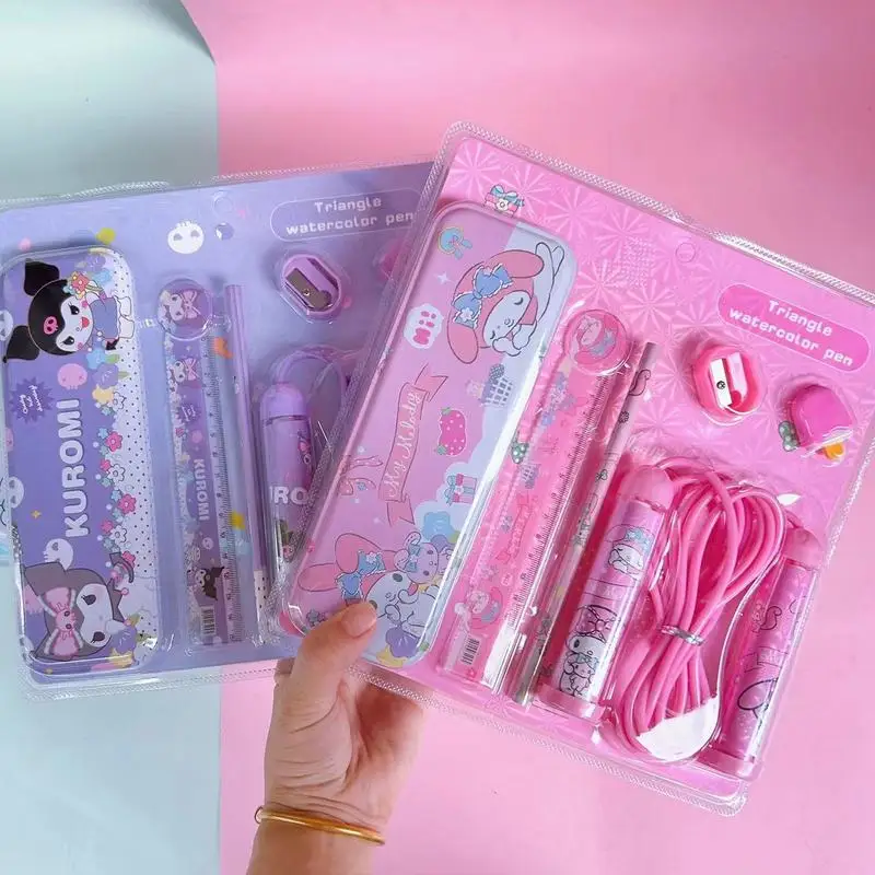 6- pz/set Sanrio melody Kuromi astuccio in metallo righello corda per saltare temperamatite gomma set di cancelleria regali per bambini apprendimento