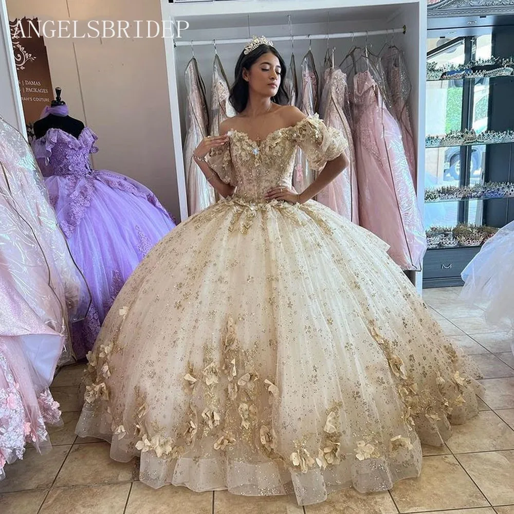 Vestido de baile de princesa hecho a medida, vestidos de quinceañera para baile de graduación, apliques 3D de encaje, mangas cortas, niña de 15 años, fiesta de cumpleaños porno