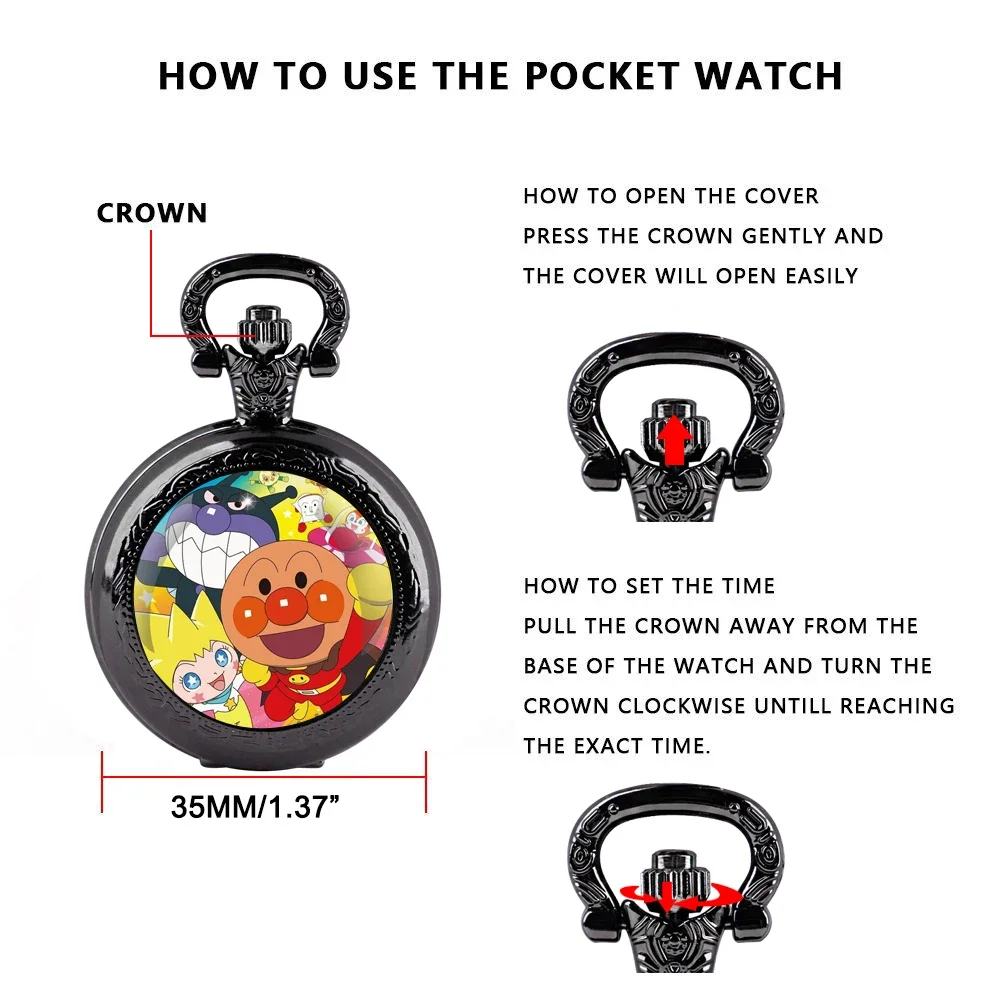 Cartoon Design Glass Dome Quartz Pocket Watch with Arabic Numerals Dial Durable Chain Perfect For Gifts