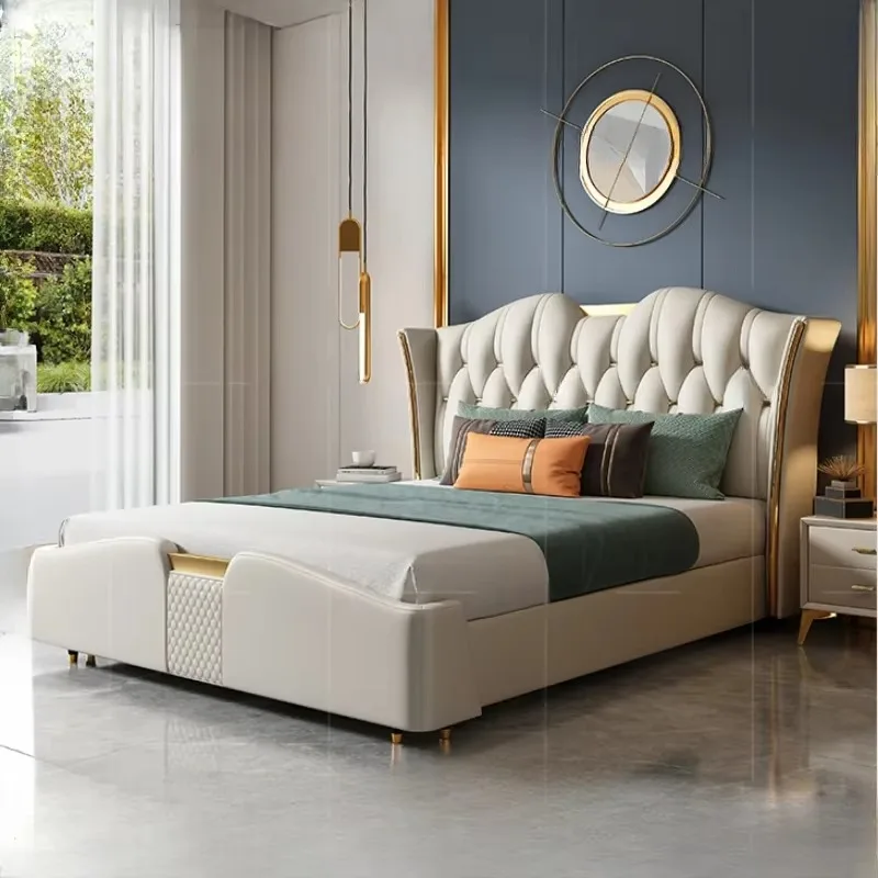European Master Aesthetic Bed Frame Luxury Nordic King Twin Genuine Leather Double Bed Frame Modern Cama Matrimonial Furniture