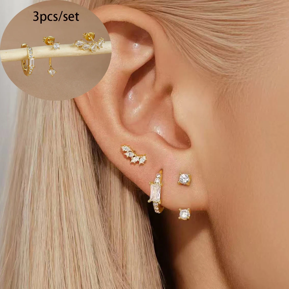 3 uds. Conjunto de pendientes redondos de aro de circonia de cristal de acero inoxidable coreano para mujer, joyería de moda chapada en oro, regalo, aretes de mujer