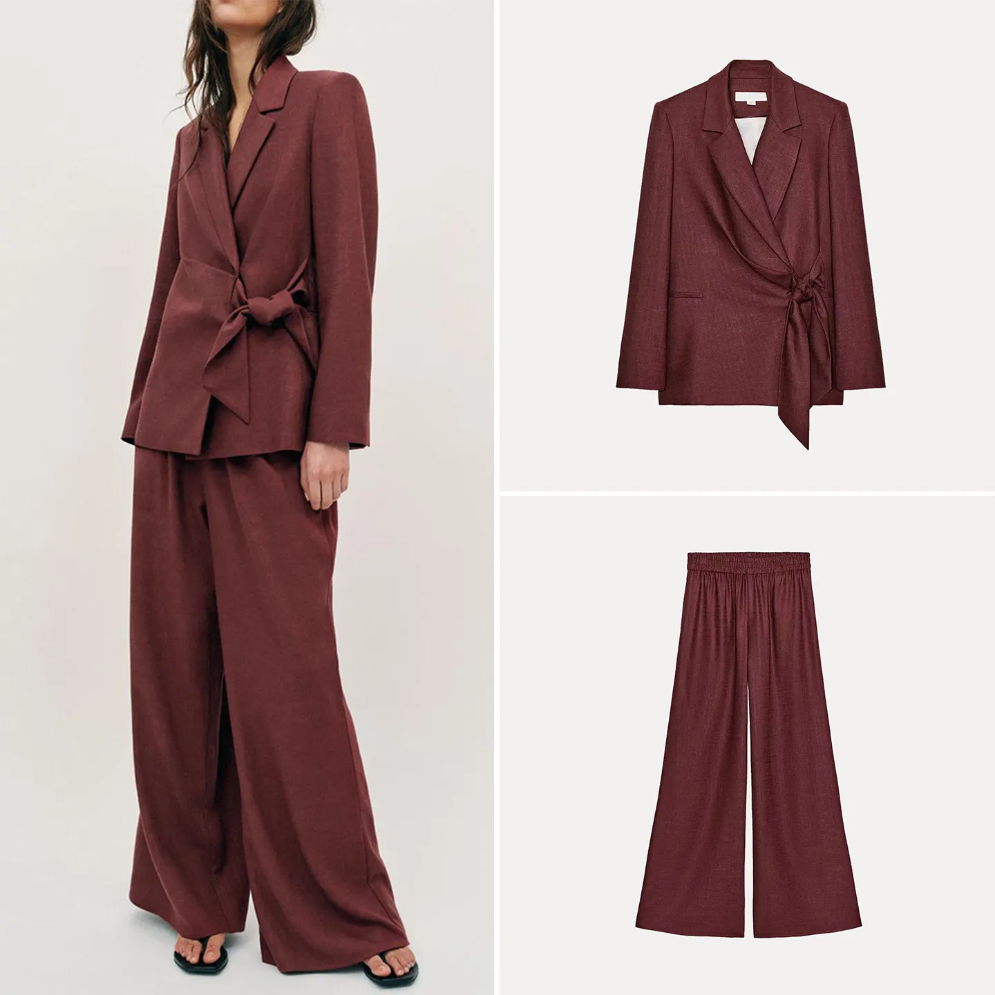 

Women's Spring Fashion Outfit 2026 Knot Decorated Jacket High Waist Elastic Wide Leg Pants Two Piece Set Zadata Brand