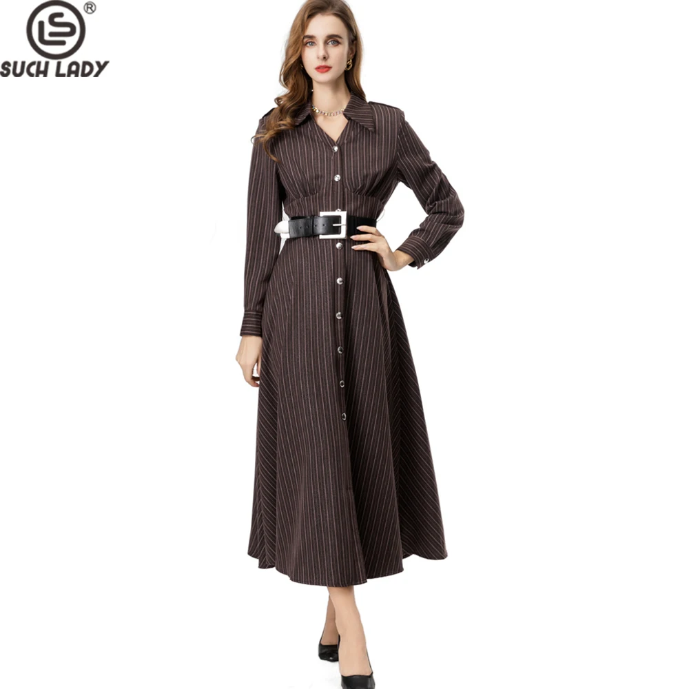 

Elegant Dark Brown Pinstripe Shirt Dress with Lapel Collar, Long Sleeves, Self-Tie Belt & Button-Down Front for Versatile