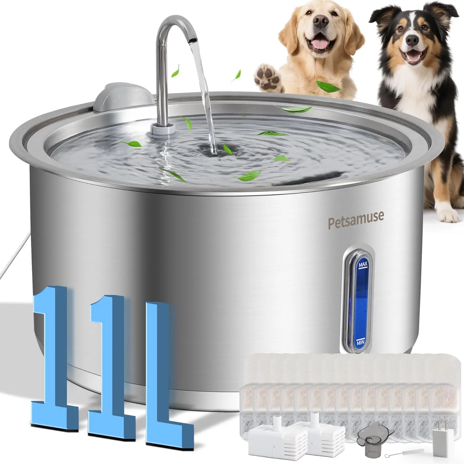 

11L Quiet Dog Water Fountain with Stainless Steel Bowl, 2 Spray Modes & 15 Filters for All Dogs