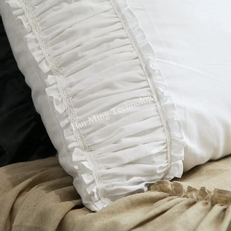 2Pcs 100% Cotton Pillow Cover White Luxury Pillow Case Custom Embroidery Lace Ruffle Quality Pillowcase Pillow Cases Lotus Leaf