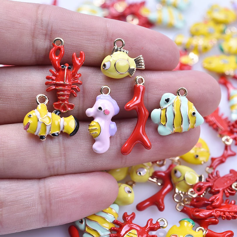 9pcs/Lot Enamel Marine Animals Clownfish Hippocampus Japonicus Coral Fish Charms For Jewelry Making Supplies Cartoon DIY Pendant
