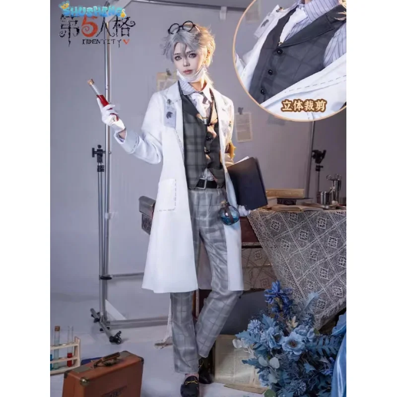 

IN STOC Game Identity Ⅴ Aesop Carl Cosplay Costume Embalmer Fifth Anniversary Limit Wig White Cost Uniform Man Woman Party Suit