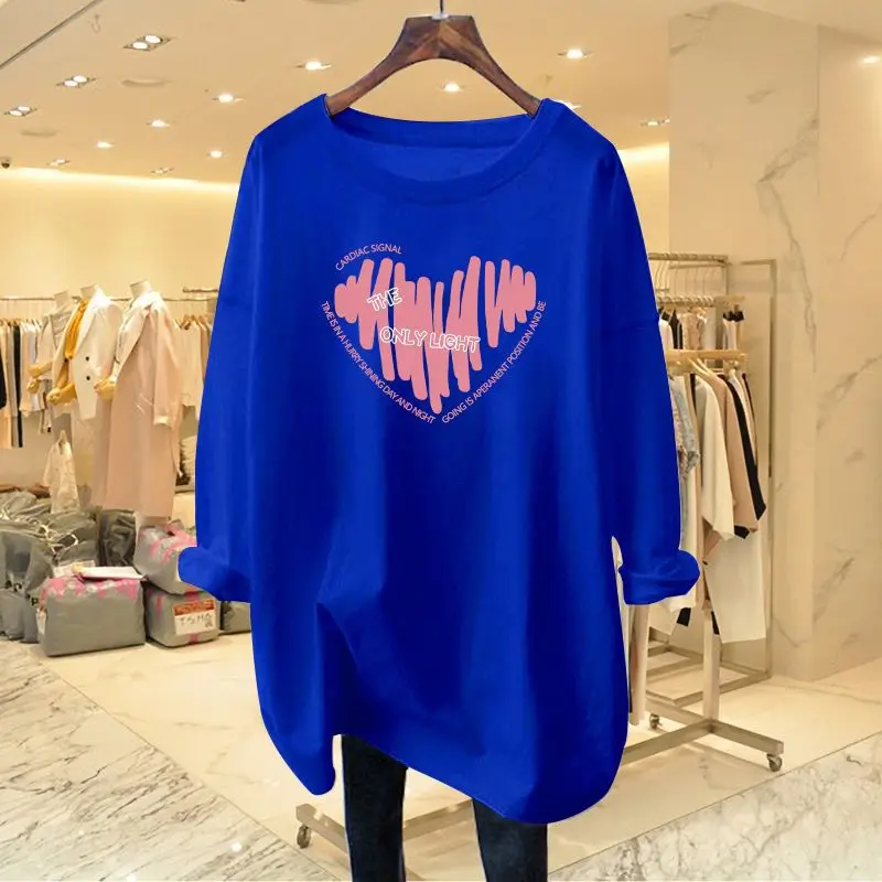 Women Clothing Chic Hand-Painted Love Printing T-shirt Autumn Casual Loose Pure Cotton Long Sleeve Top Tee Office Lady Pullovers