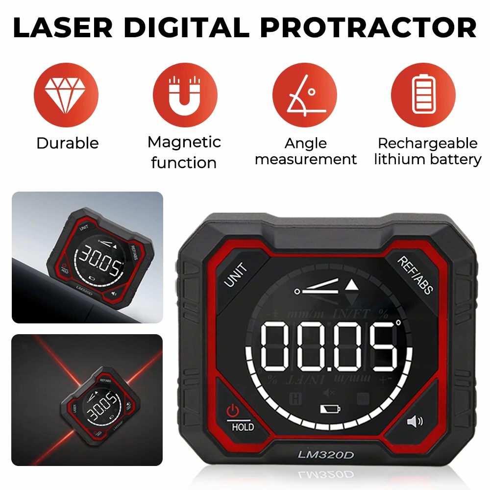 

LM320D LM320E LM320F Laser Inclinometer Digital Angel Meter with Absolute Relative Angle Measurement Magnetic Inclinometer