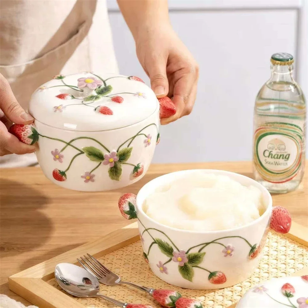 Cute Hand-painted Strawberry Storage Jar Kitchen Accessories Snack Oil Jar Embossed Household Products Storage Jar With Lid
