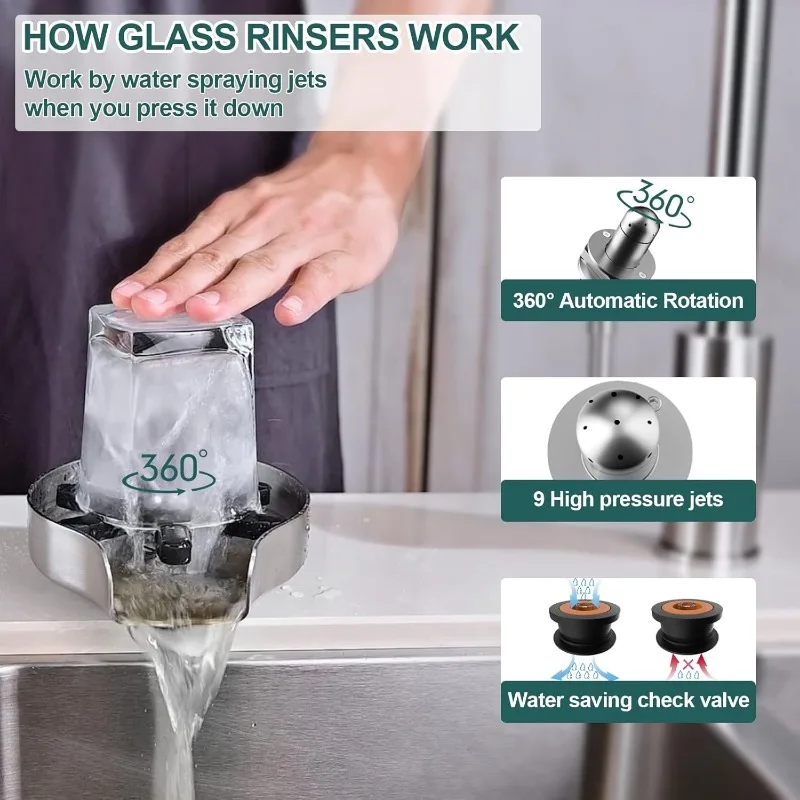 เครื่องซักผ้าถ้วยสำหรับอ่างล้างจาน, fontop Glass rinser พร้อม360 ° ที่หมุนขวดสแตนเลสเครื่องล้างถ้วยอ่างล้างจาน