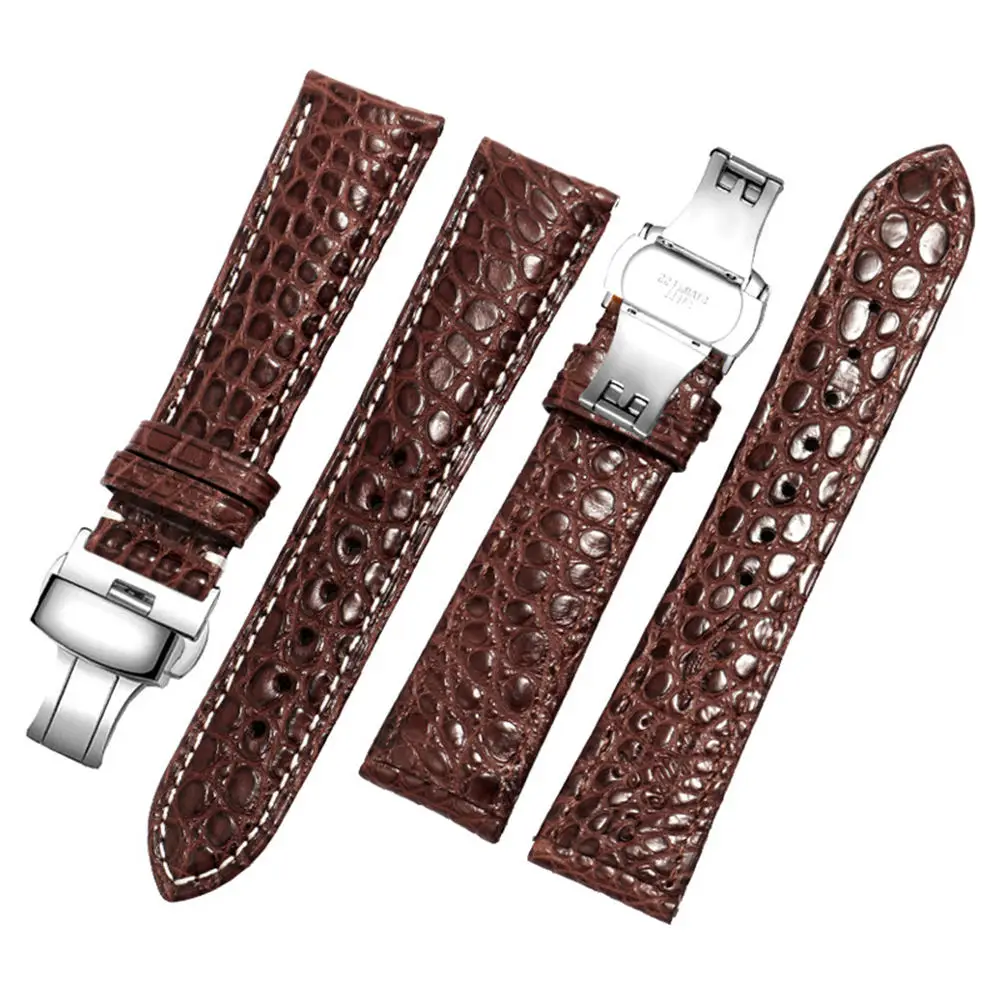 Luxury Matte Genuine Crocodile Leather Strap for Universal Watch Silver Butterfly Buckle Band