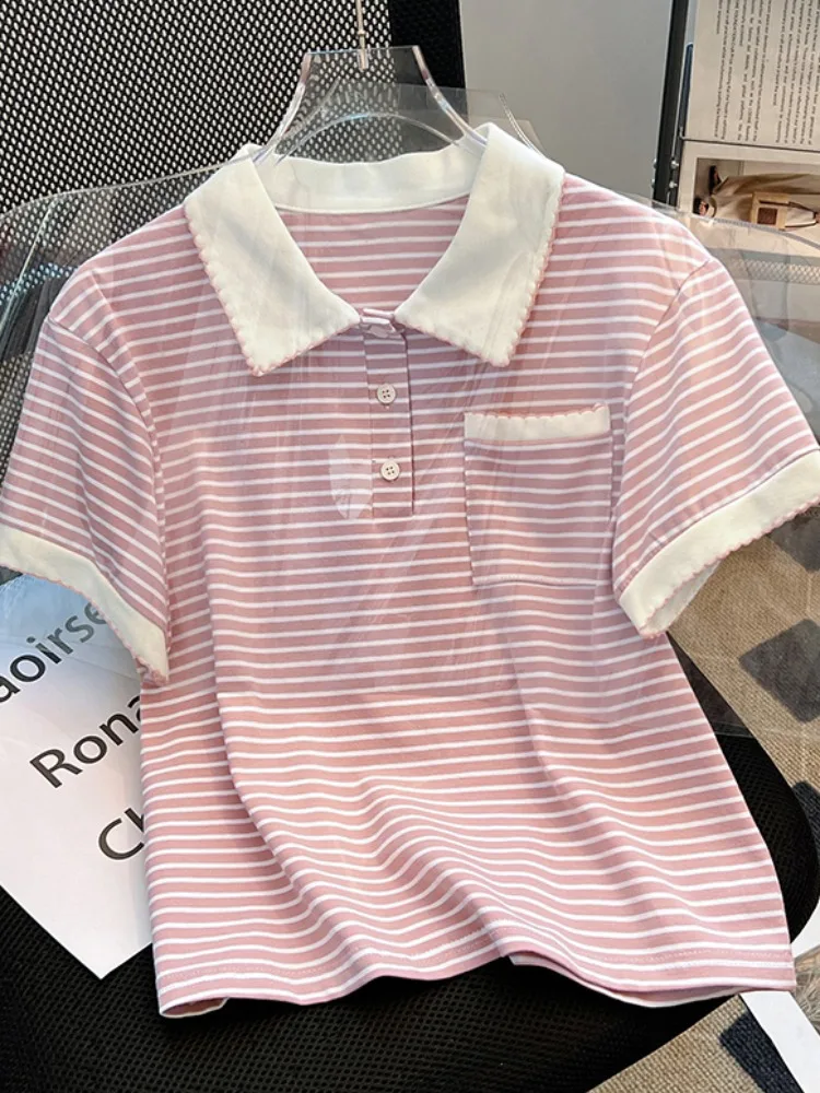 Nowa letnia koszulka damska 2025 w paski, luźny krój, dopasowany, z mieszanki bawełny, styl koreański.
