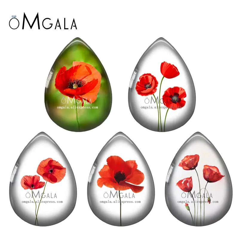 5pairs Red Flowers Art Poppy Paintings Water Drop Photo Glass cabochon flat back for DIY Earrings Jewelry Making Findings