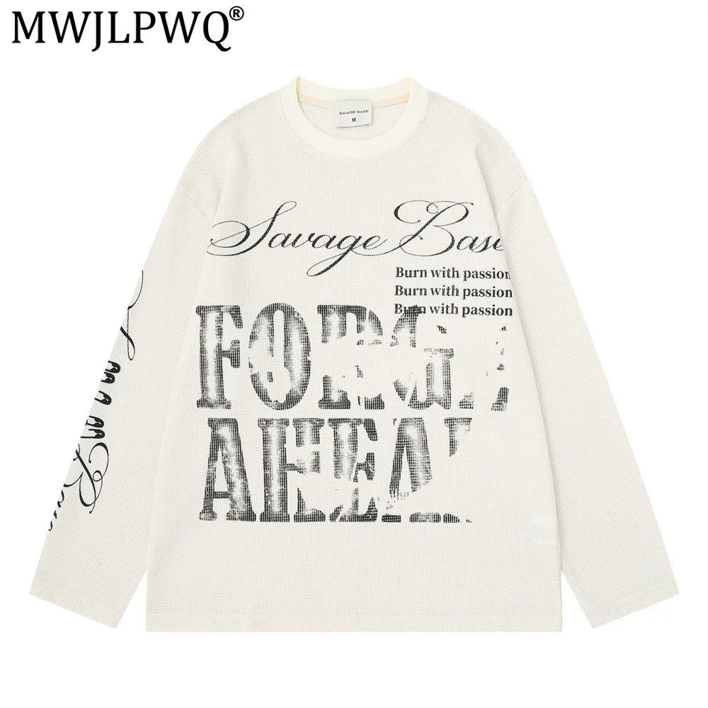 MWJLPWQ American Retro Letter Print Distressed Long-Sleeve T-Shirt Loose Casual Men's Street Spring Autumn New Trendy Tops 20509