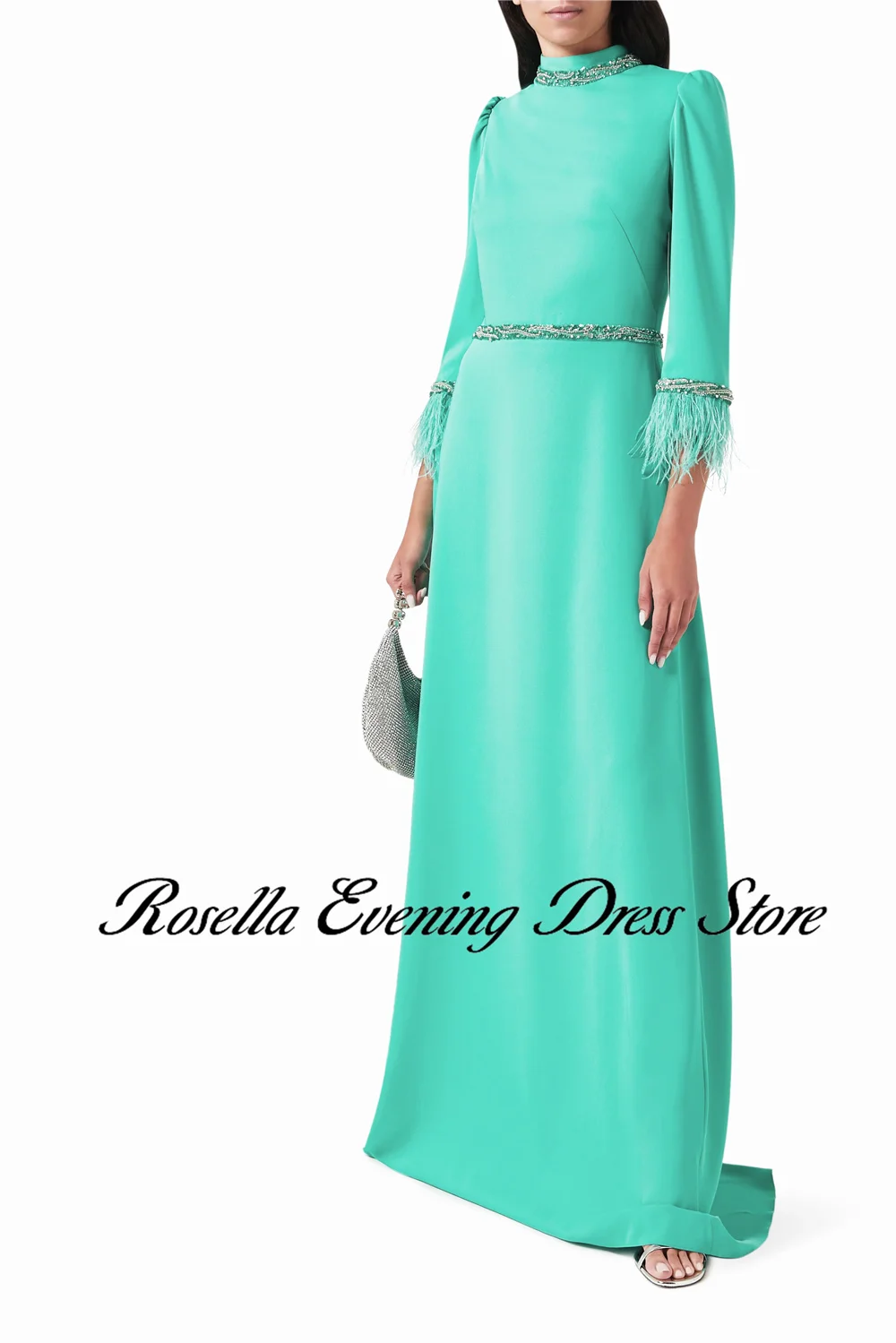 ROSELLA Green High Neck Evening Dresses Beaded Floor Length A-Line Formal Occasions Dress New 2024