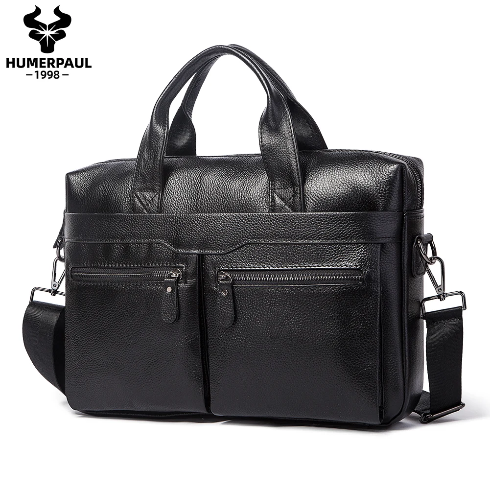 HUMERPAUL Men's Genuine Leather Briefcase Business Laptop Bag with Multiple Pockets Durable Handbag Shoulder Bags for Travel ﻿