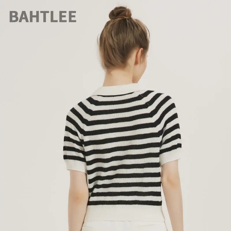 BAHTLEE-Polo-Neck Pullovers for Women, T-Shirt, Short, Sleeveless, Striped, Preppy Style, Summer