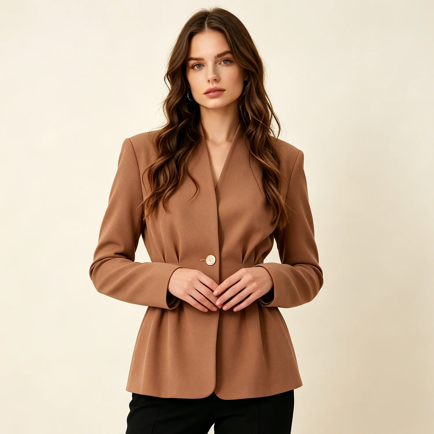 PUAL  Women V Neck Cinched Waist Blazer 2 Button Slim Fit Jacket Elegant Office Workwear Tailored Suit Coat