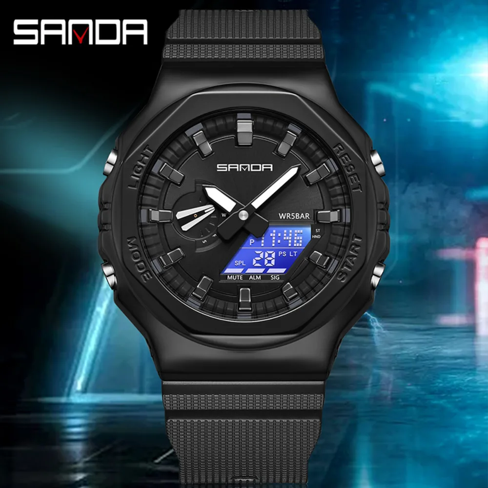 SANDA-Reloj de pulsera deportivo para hombre, cronógrafo de cuarzo con doble pantalla LED, resistente al agua hasta 50M, a la moda, 3167