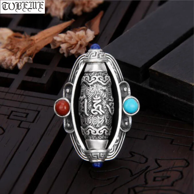 

100% 999 Silver Tibetan Prayer Wheel Ring Tibetan Six Words Proverb Ring Buddhist OM Mantra Good Luck Ring