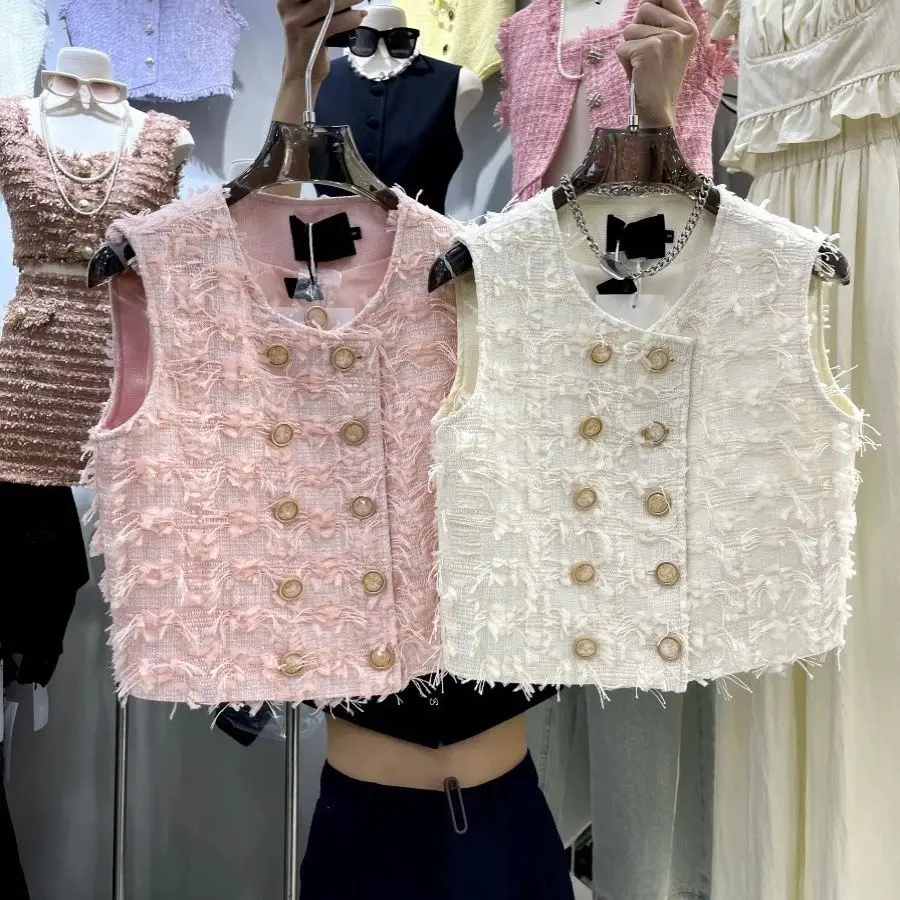 

Nice Sleeveless Vests Elegant O-neck Solid Color Buttons Patchwork Casual Korean Fashion Loose Straight Temperament Women's Clot