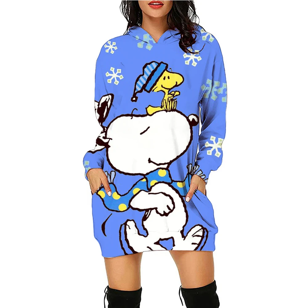 Christmas Casual Long Sleeve Dress Autumn Winter Women\'s Snoopy Print Disney Simple Comfortable Hooded Sweatshirt