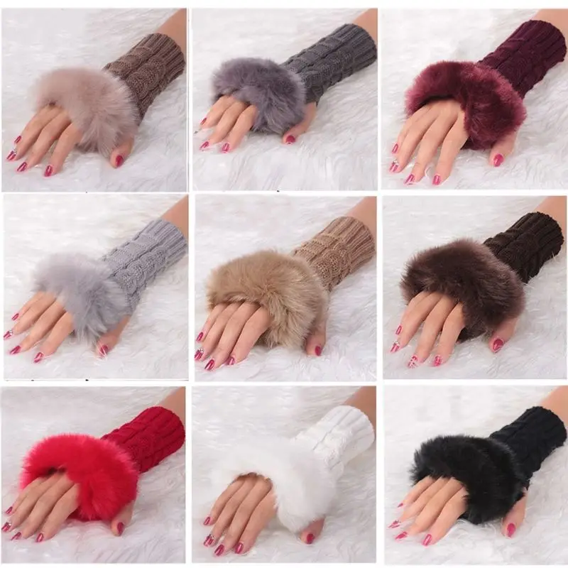 A70F Hot Women Faux Rabbit Fur Hand Wrist Winter Warmer Fingerless Long Mitten Gloves