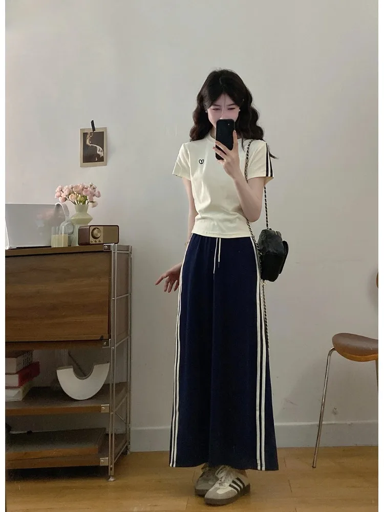 

plus Size Casual Two-Piece Set Summer New Lazy Style Color Block Short Sleeve Top High Waist Midi Skirt Fashionable Ensemble