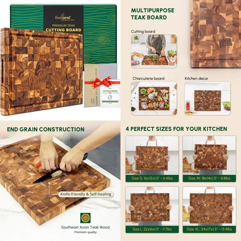 

18x14 Inch Teak Wood End Grain Chopping Board with Juice Groove, Grip, and 1-Year Warranty - Perfect Kitchen & Serving Accessory