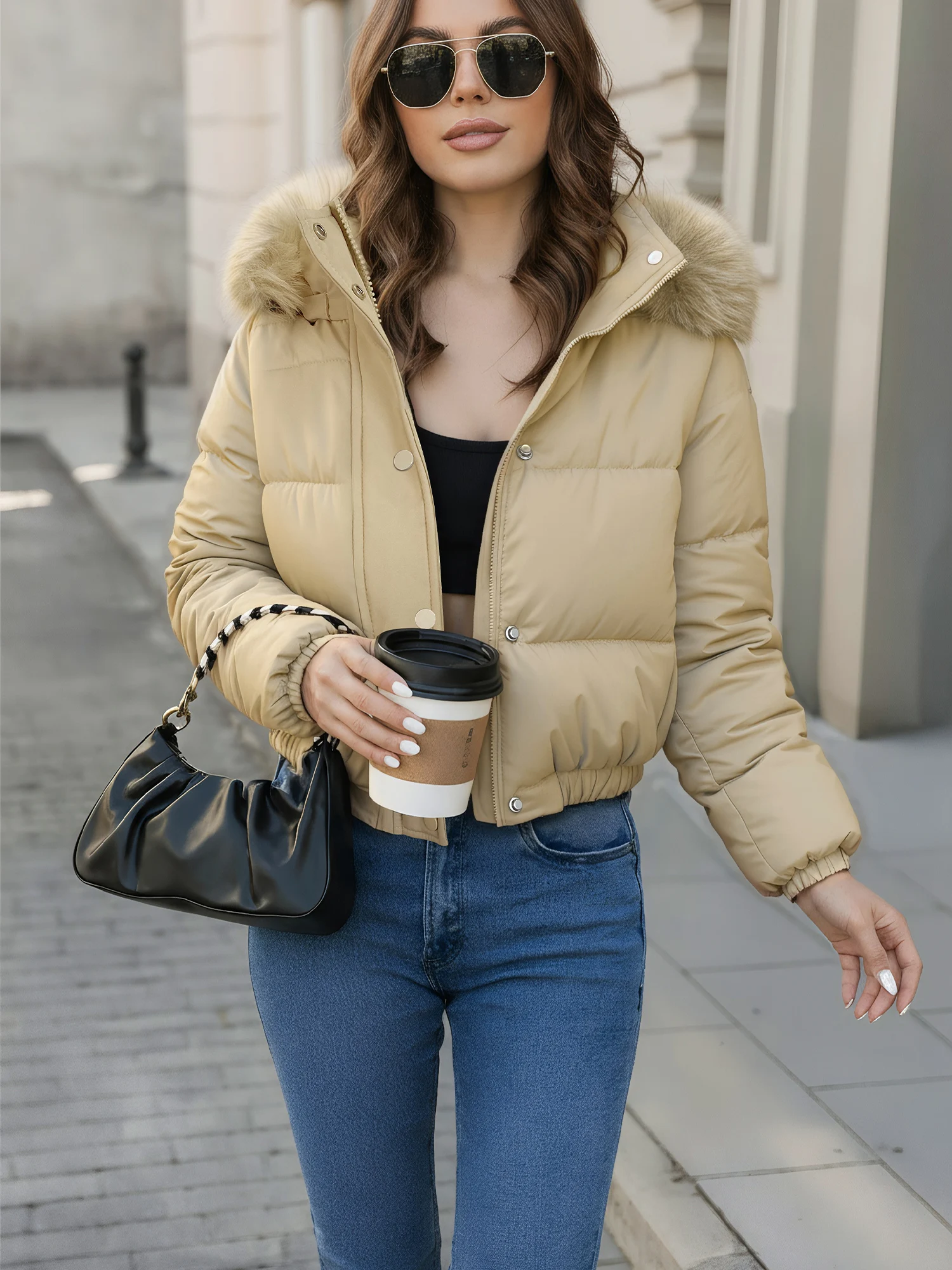 

Женское осенне-зимнее шикарное стеганое пальто с меховым капюшоном и длинными рукавами, повседневная куртка, рождественская праздничная одежда