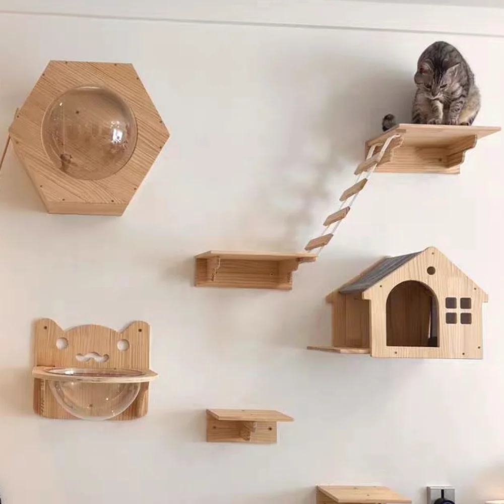 

Cat Climbing Shelves Wall Mounted Cat Tree Tower Wooden Scratcher Hammock Hiding House Indoor Cats Playground Accessories Toy