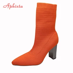 Aphixta 2022 Orange Sock Boots Women 9cm Metal Square Heel Stripe Elastic Stretch Fabrics Kniting Pointed Toe Shoes Plus Size 42