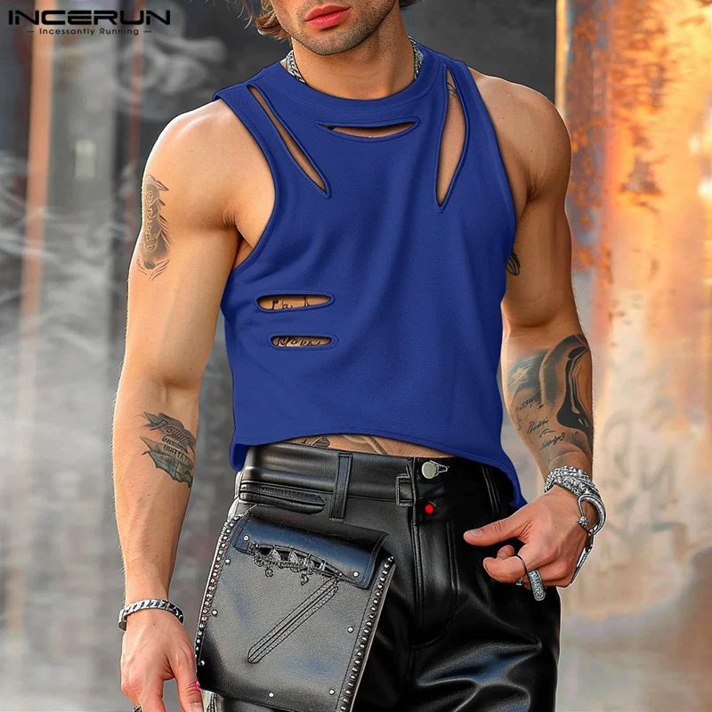 2024 Men T Shirt Solid Color O-neck Short Sleeve Hollow Out Irregular Vests Streetwear Sexy Fashion Summer Men Clothing INCERUN