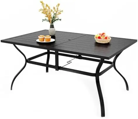 Patio Table for 6, Black Metal Dining Table w/Umbrella Hole | 60