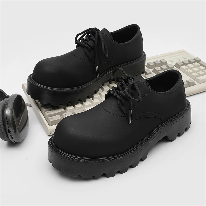 Men Derby Shoes All Seasons Matte Finish Chunky Lug Sole Round Toe Lace Up Darkwear Casual Dress Footwear Streetwear