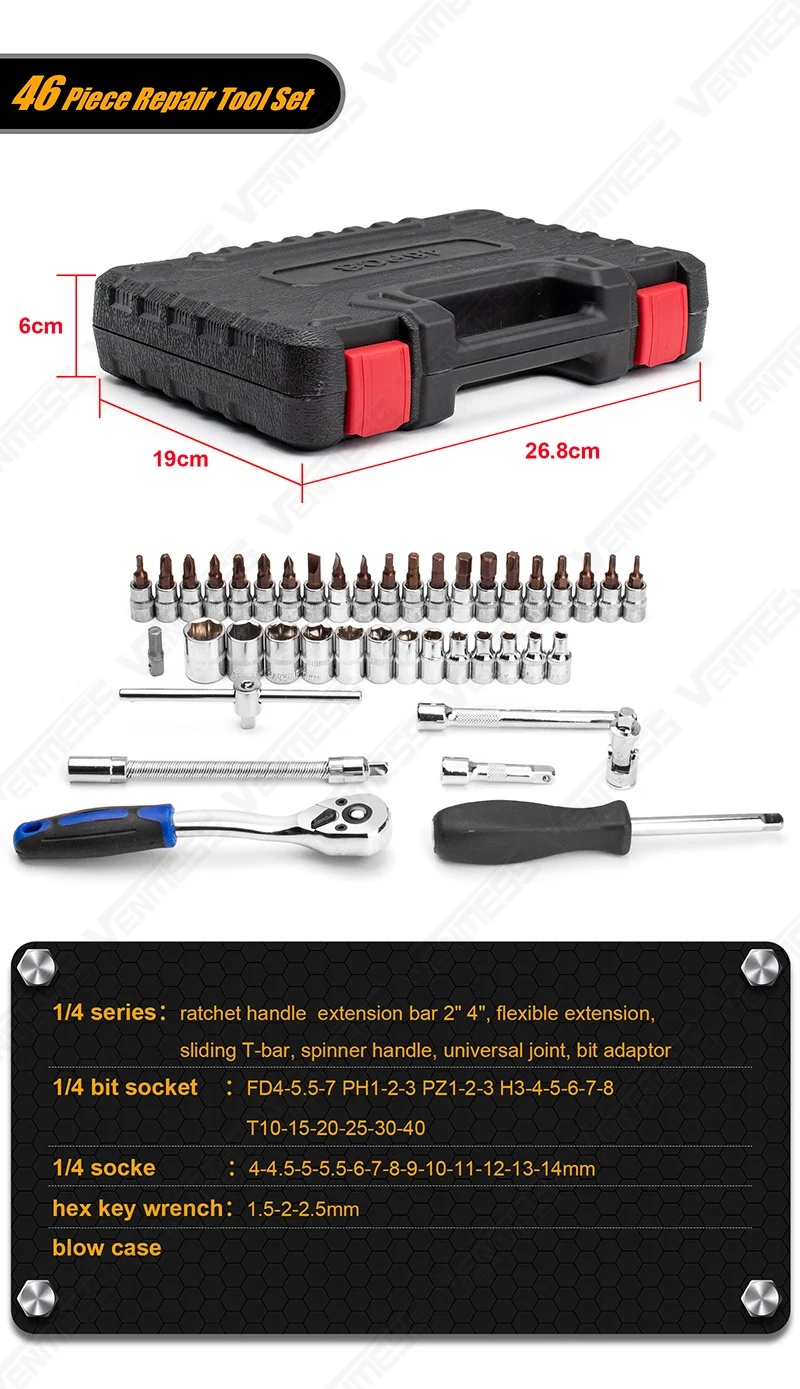 Set di chiavi a bussola Set di cricchetti Kit di strumenti meccanici prese per punte per riparazione automobilistica e famiglia, metrica, unità da 1/4 pollici 46 pezzi