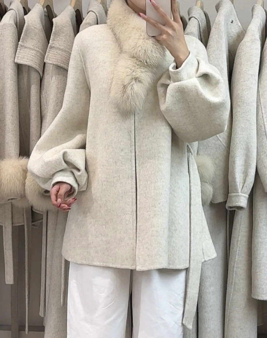 OFTBUY Women's Short Wool Coat Real Fox Fur Collar Belted Waist Woolen Clothing Winter Warm Luxury Slim Solid Color Outerwear