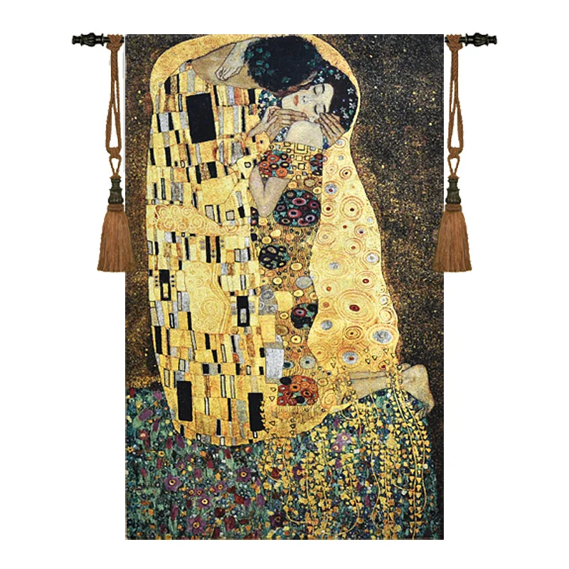 

European Jacquard Tapestry Vintage Luxury Ins Gold Thread Wall Carpet Living Room Background Klimt Kiss